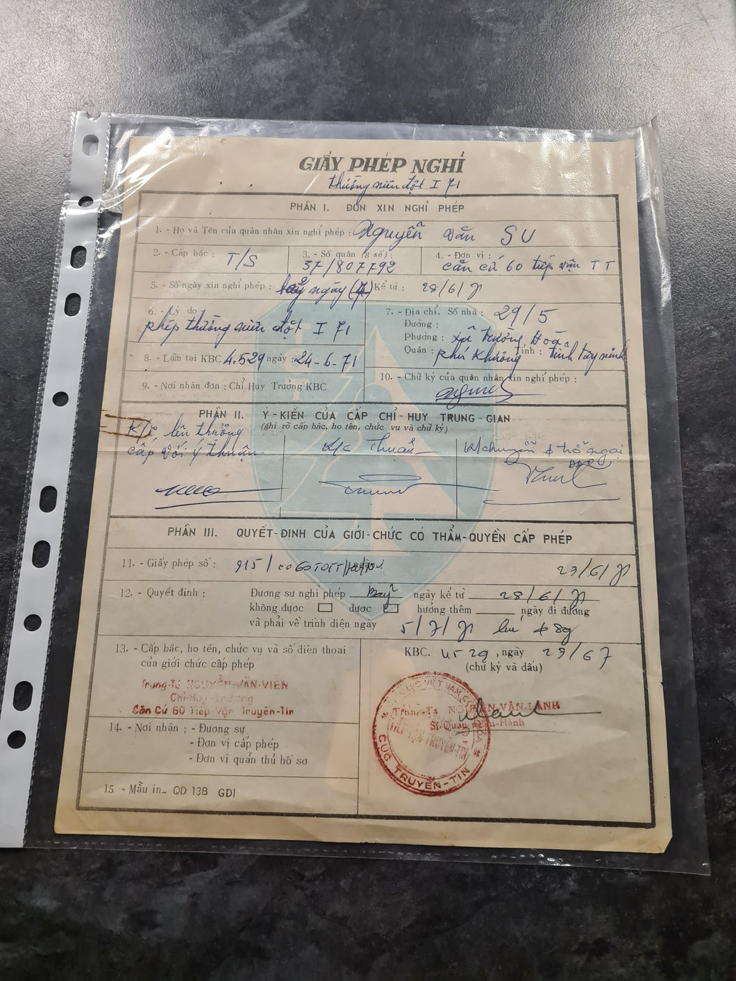 Vietnam war ARVN soldiers leave pass dated 67